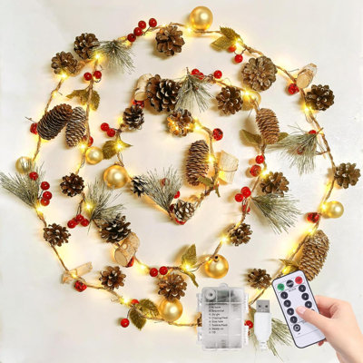 Christmas Garland With Lights 150 LED Christmas Wreath Lights 8 Modes Pine Cone Battery Operated Fairy Lights With Remote USB Twinkle Lights For Christmas Tree Mantle Stairs Table Door Decor