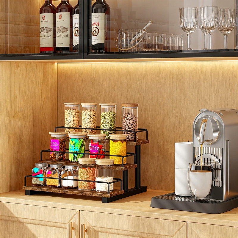 Support à vin et à liqueur, organisateur de sirop de café pour mini-bar, support de tablette de bar Retro Home, 3 niveaux (brun rustique)