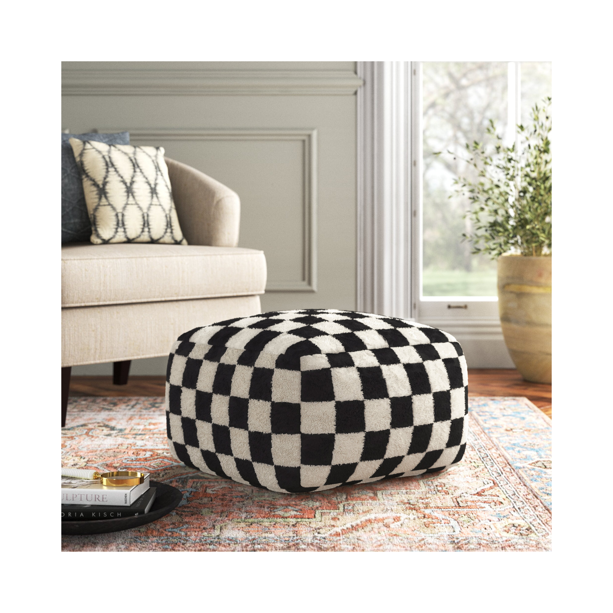 Birdie Upholstered Pouf, Black Wool/Cotton Blend