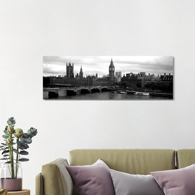 Bridge Across A River, Westminster Bridge, Big Ben, Houses Of Parliament, City Of Westminster, London, England by Panoramic Images - Wrapped Canvas Panoramic Print