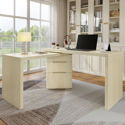 Bureau moderne en L 90 po en bois naturel avec 3 tiroirs, bureau pivotant à 360 ° en bois, bureau de direction, bureau d'angle, bureau d'étude, pour le bureau à domicile ou le salon