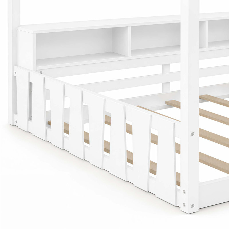 Lit de sol Montessori pleine grandeur avec cadre à baldaquin et rangement, Blanc