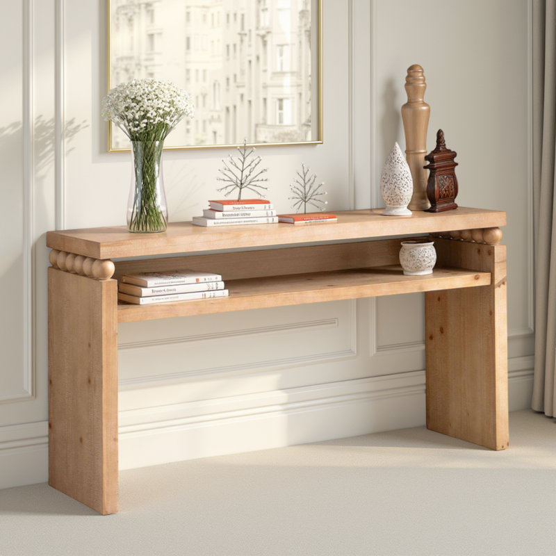 Console rustique 59 po avec tablette ouverte, canapé d'entrée en bois naturel