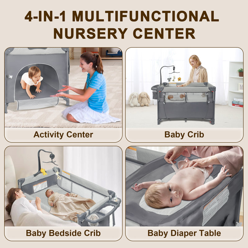 5 In 1 Pack And Play, 1 Step Opening Folding Baby Bassinet Bedside Crib, Portable Crib With Changing Table And Storage Bag, Music Box, Easy To Carry Playard For Newborn, Infant And Toddler
