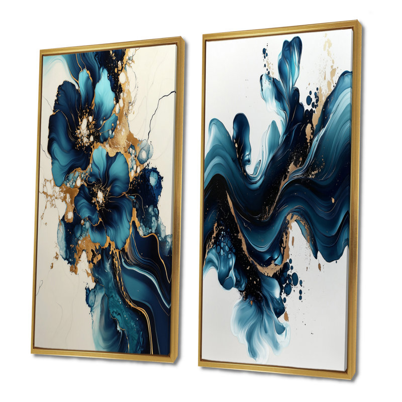 Arc-en-ciel doré de l'encre liquide II - Collection d'art mural abstrait 2 pièces, H 28 po x l 25 po, Cadre flottant doré