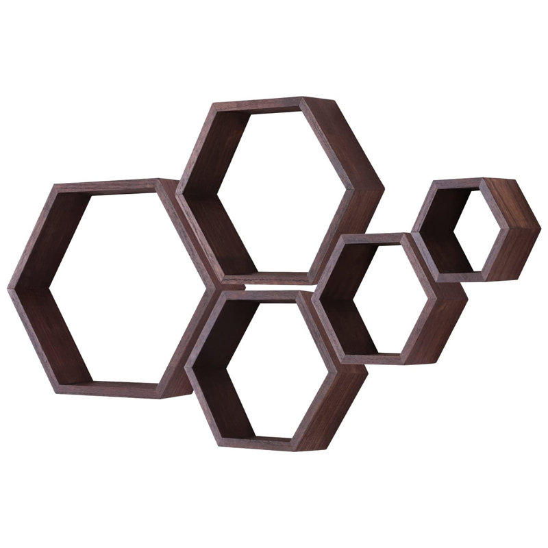 Hexagon Floating Shelves Set Of 5, Honeycomb Wall Shelves For Home Decor, Rustic Wood Storage Cubes For Bathroom Kitchen Bedroom Living Room Office