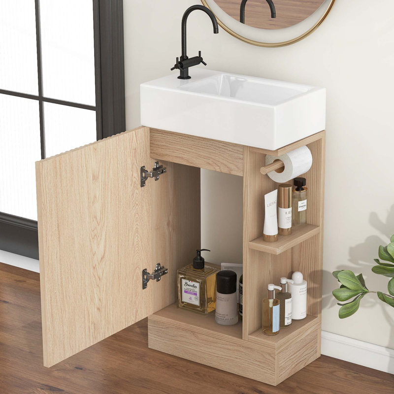Meuble-lavabo 18,6 po avec lavabo, meuble-lavabo avec tablette à 2 niveaux, orienté vers la gauche ou vers la droite, Naturel