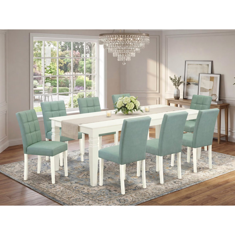 9 Piece Dining Room Set consists of a Dinner Table and 8 Willow Green Polyester Fabric Upholstered Dining Chairs, Linen White