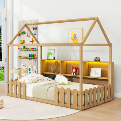 Twin Woodne House Bed With Roof, LED Light And Built-In Shelves