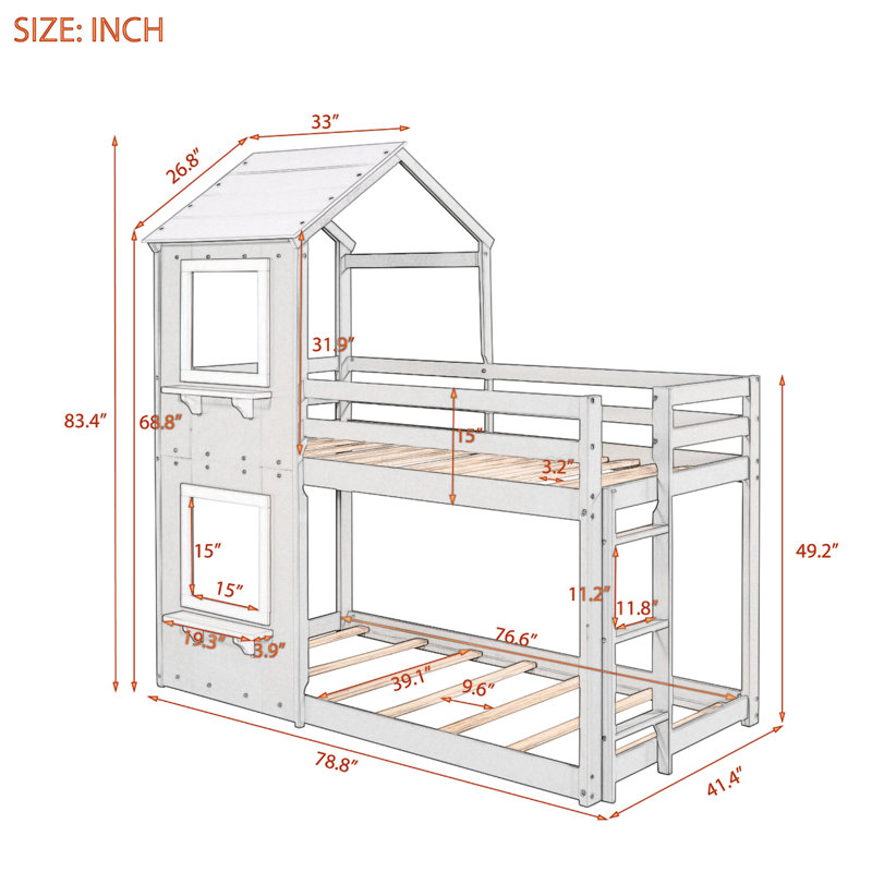 Melony Kids Twin Over Twin Bunk Bed, Gray