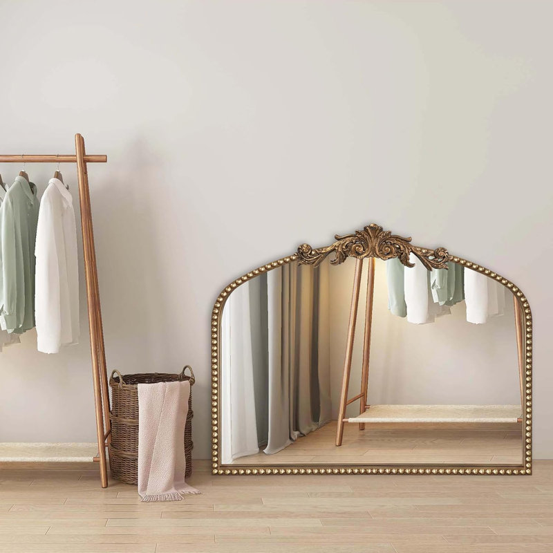 Wall mounted Baroque Arched Vanity Mirror – 36" x 30" Antique Gold Ornate Beaded Frame, Decorative Accent for Living Room, Bathroom, Bedroom, and Mantle