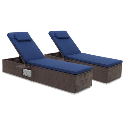 2 Pcs Patio Chaise Lounge With 6-level Backrest Comfy Seat Cushion & Headrest Backyard Navy by Latitude Run