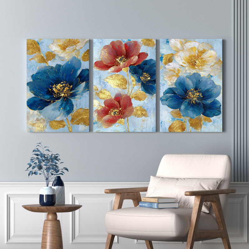 «Blue and Gold Floral», reproduction d'art sur toile tendue sur toile (ensemble de 3), H 30 po x l 60 po