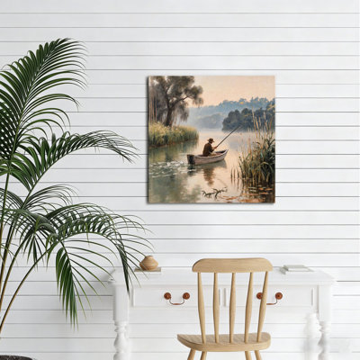 River Fishing Solitary, Built-In Wooden Frame Wall Art, 16L X 16W
