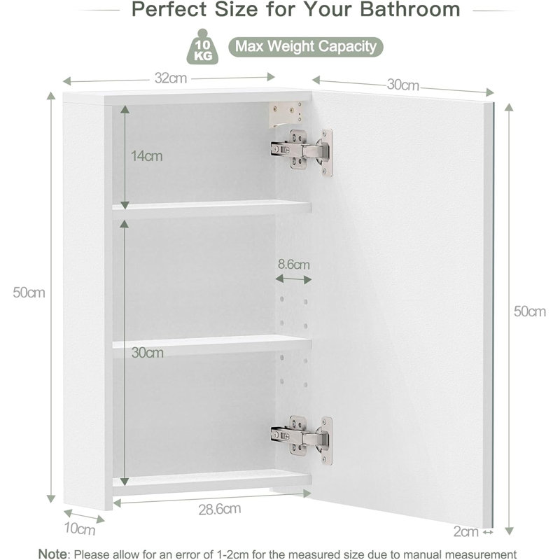 W H Wall Mounted Required Frameless Medicine Cabinet Mirror Adjustable, 12D x 32W x 50Hcm