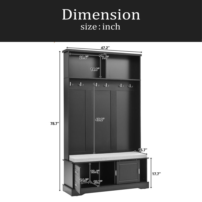 Élégant portemanteau avec portes coulissantes, portemanteau polyvalent avec 6 crochets et poignées argentés, armoire pour vestibule avec rangement pour chaussures et coussin de l 44,4 po pour le couloir et le salon