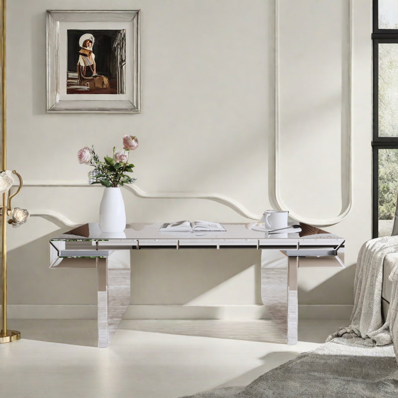 Luxury Rectangular Mirror Coffee Table With Fluted Tempered Glass And Rounded Edges