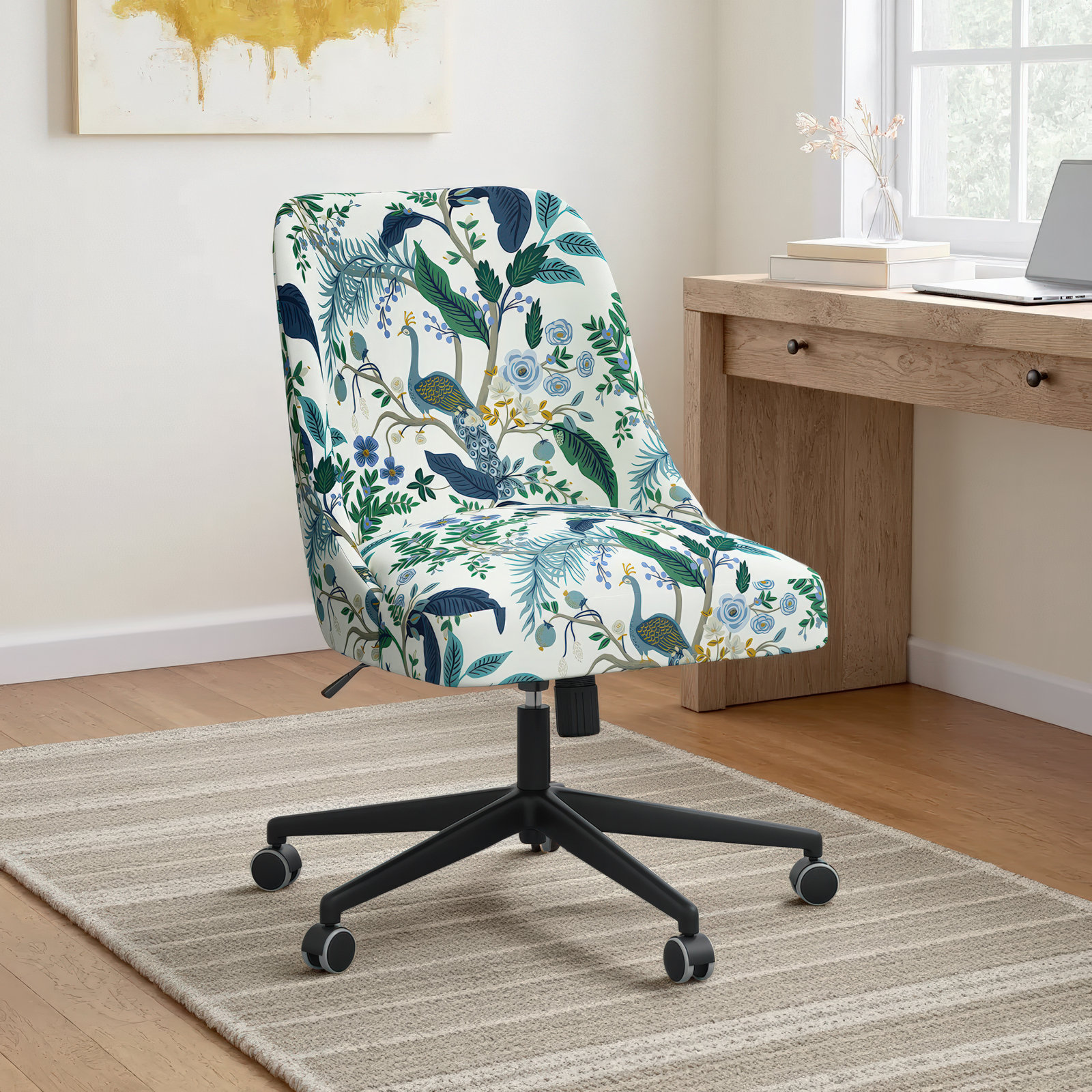 Brynn Office Chair, Rpc Peacock Blue & White Linen, Black