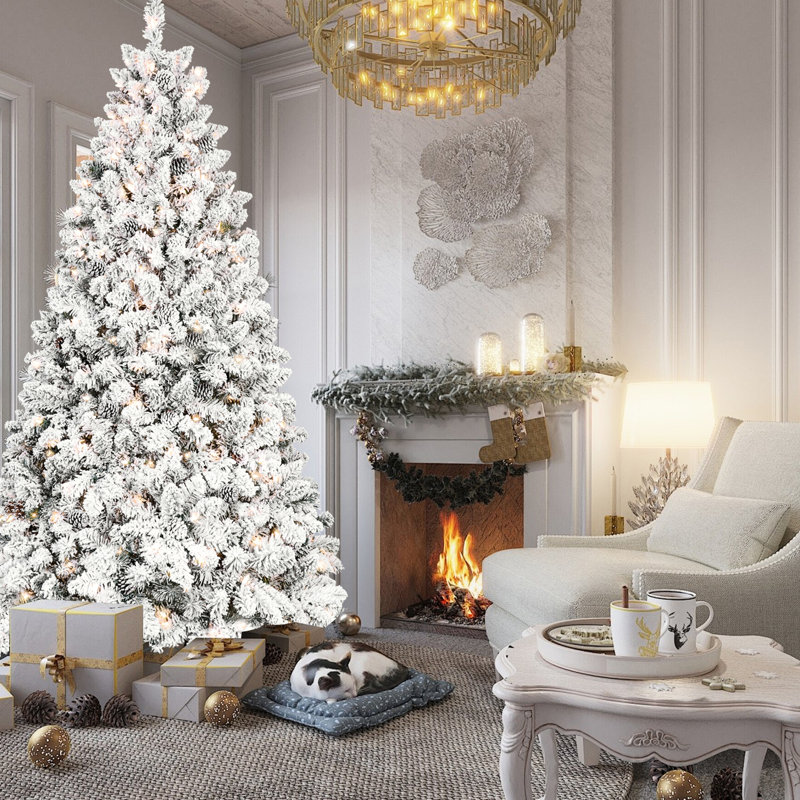 Arbre de Noël enneigé 8 pi avec 700 lumières Ul, 54 pin véritable, branches enneigées, 1754 pointes, structure à charnières, support en métal ferme pour la neige des Fêtes
