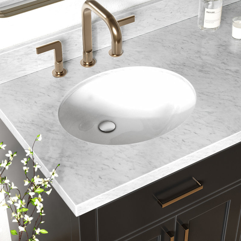 Thornaby 66'' Solid Wood Double Bathroom Vanity with 1.5'' Carrara Marble Top, Black / Satin Brass, Oval