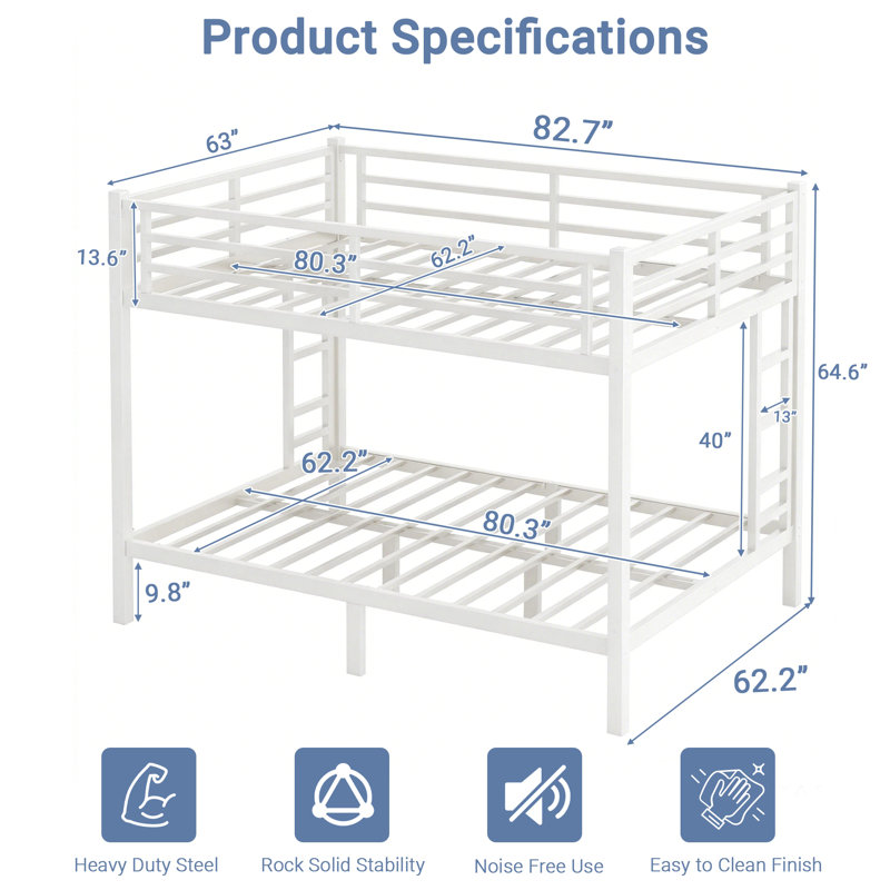 Queen Over Queen Bunk Bed, Heavy Duty Metal Bunk Bed Frame for Adults, Noise-Reduced, Easy Assembly, White