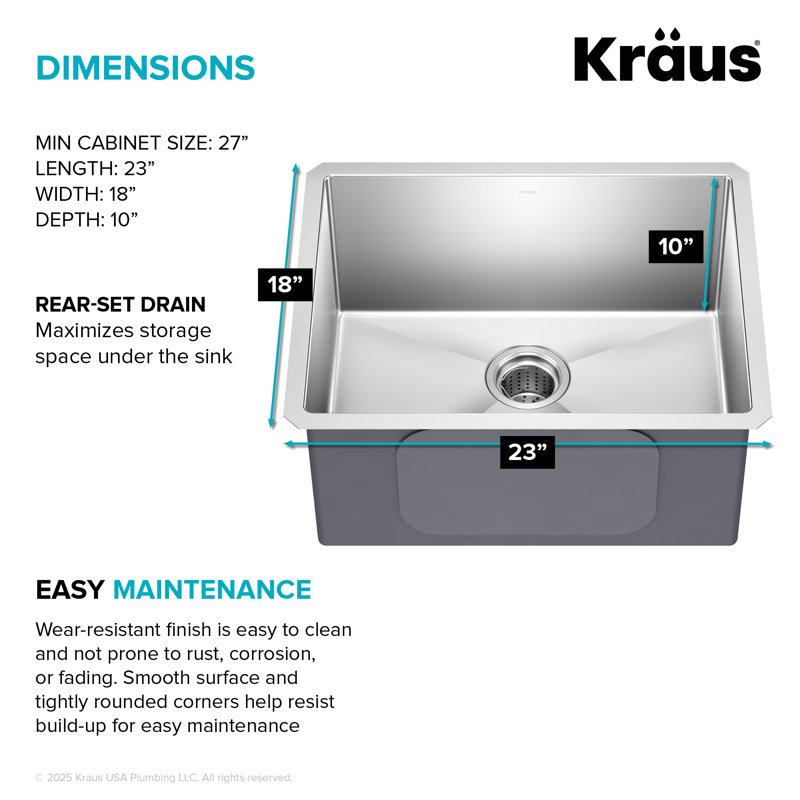 KRAUS Standart Pro Undermount 16 Gauge Stainless Steel Bar Kitchen Sink, 10" H x 17" W x 17" L, Single Bowl