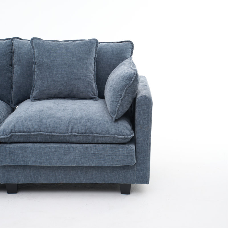 Canapé 3 places de couleur bleue avec repose-pieds avec rangement pour le salon, la chambre à coucher et la chambre compacte, canapé modulaire rembourré, banc en L avec repose-pieds