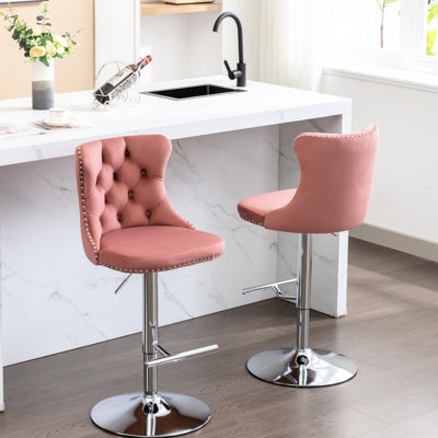 Velours rose de 2, siège réglable de 25 à 33 pouces de hauteur, dossier pour confort et élégance, base, pour îlot de cuisine pour pub, boutons tirés à la main, têtes de clous, 2 pièces, revêtement, hauteur en pouces,