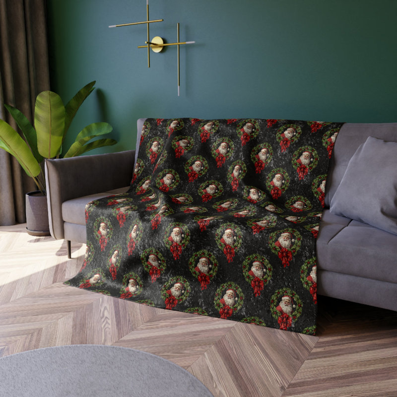 Couverture en velours froissé / Père Noël rétro dans une couronne, Noir / blanc / vert / gris / rouge