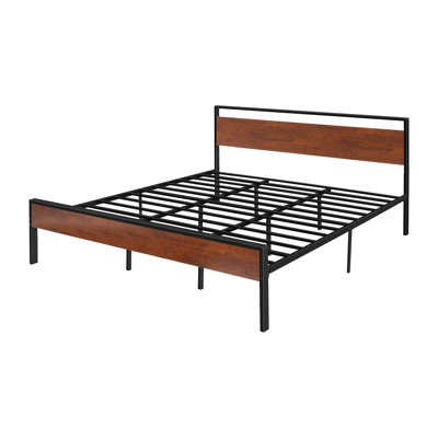 King Size Metal Platform Bed Frame with Vintage Wood Headboard & Footboard - 14 Inch Heavy Duty Steel Foundation with Under-Bed Storage