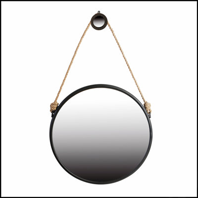 Miroir rond élégant avec cadre noir et sangle de corde, parfait pour un décor industriel contemporain dans n'importe quelle pièce