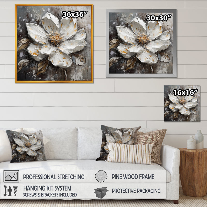 Ronn Melody of Daisy White and Black II sur toile, H 30 po x l 30 po x P 1 po, Cadre flottant doré