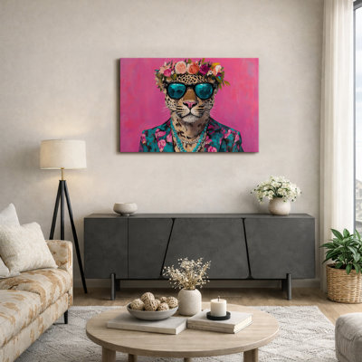 Bright Preppy Animals Hot Pink Leopard With Flower Crown Fashion Bedroom Artwork Framed Canvas Print Wall Art