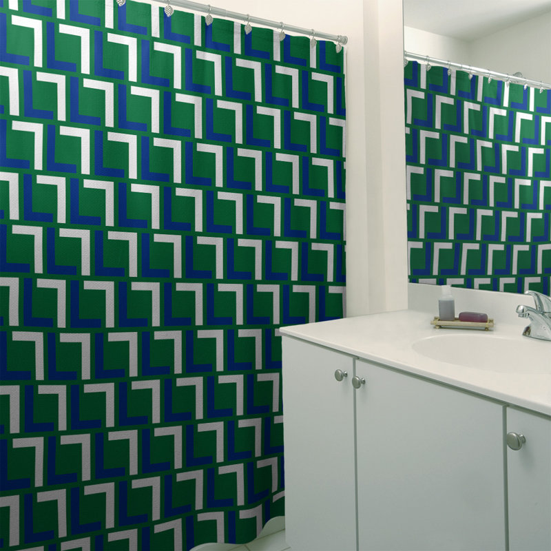 Rideau de douche géométrique simple, Bleu/blanc/vert, Non