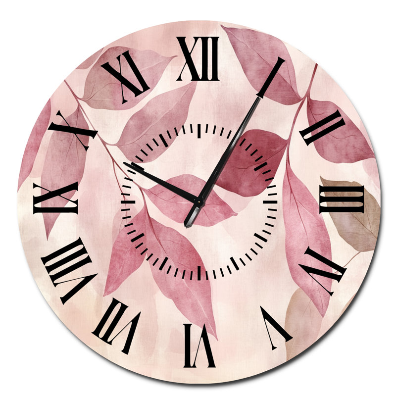 Horloge murale en métal ronde silencieuse avec motif de feuilles roses - Horloge murale botanique silencieuse, Surdimensionné