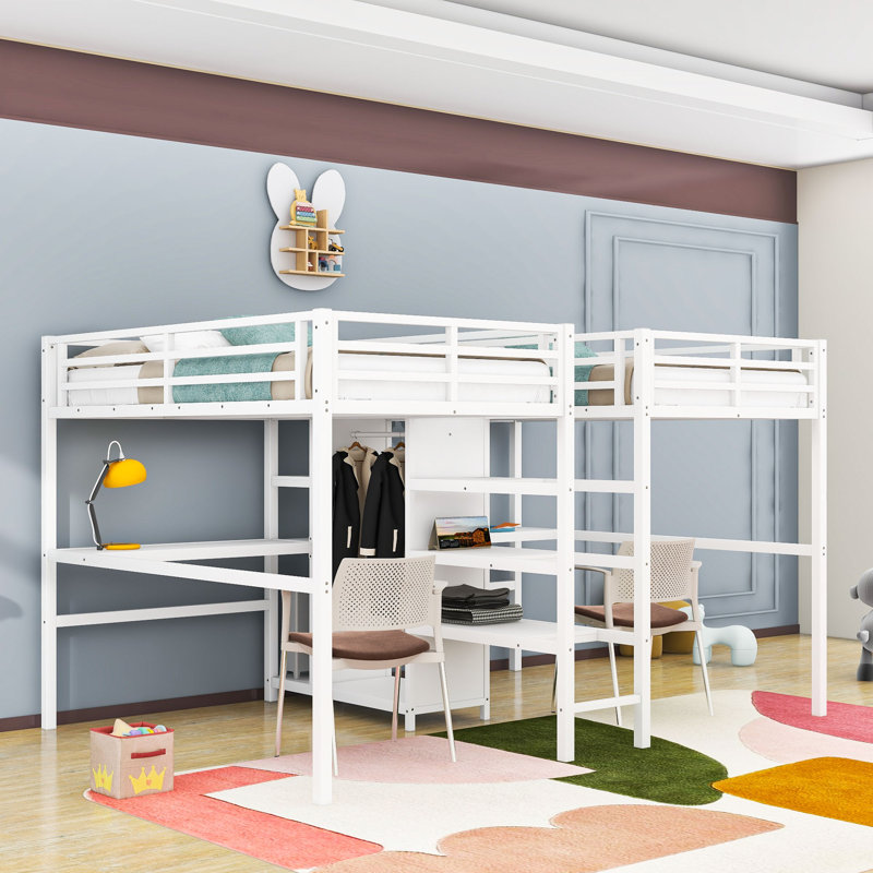 Lit mezzanine simple double avec poste de travail et tablettes de rangement, Blanc