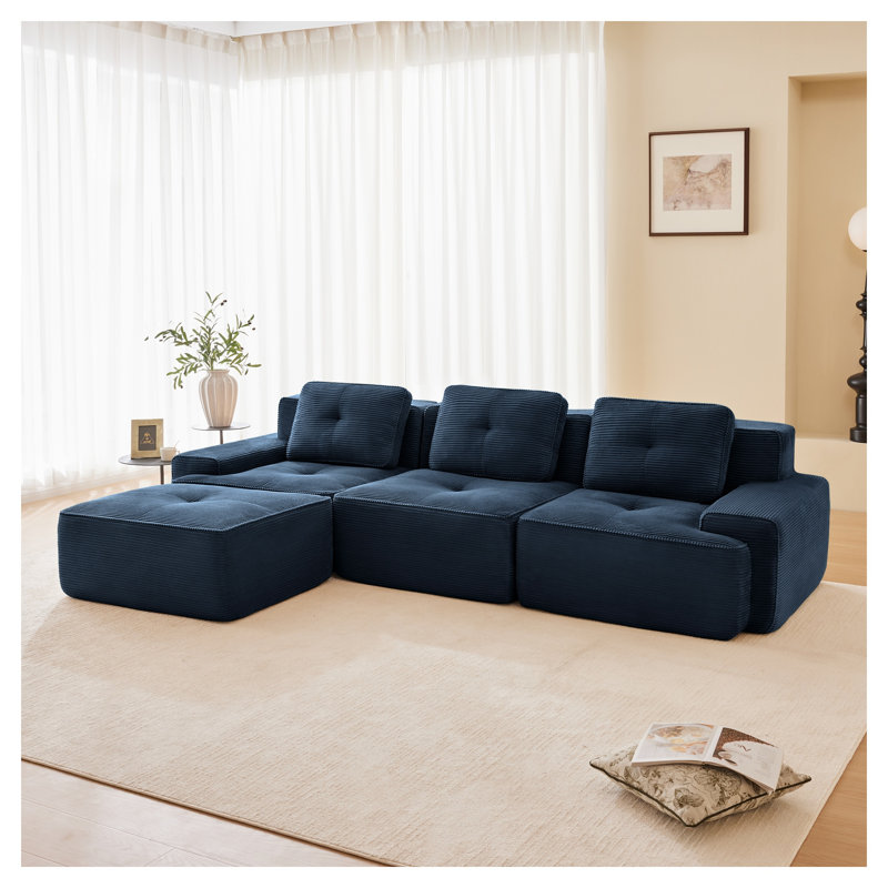 L-Shaped Modular Sectional Sofa, Corduroy 3-Seater Couch with Movable Ottoman, Blue Corduroy, 27.1" H x 116" W x 40.9" D