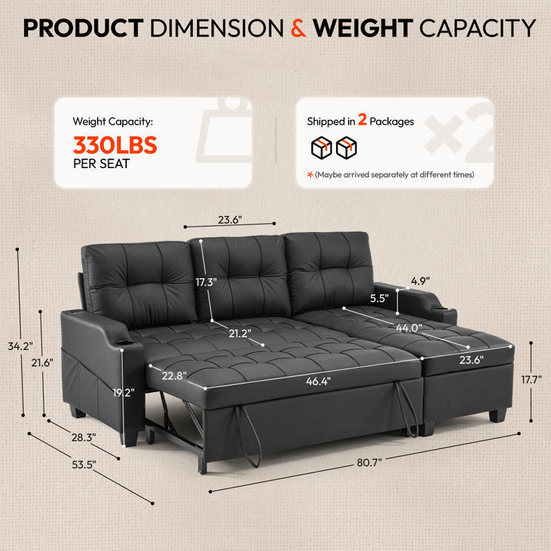 Canapé-lit escamotable en L en similicuir avec porte-gobelets de chargement USB et méridienne de rangement, Noir