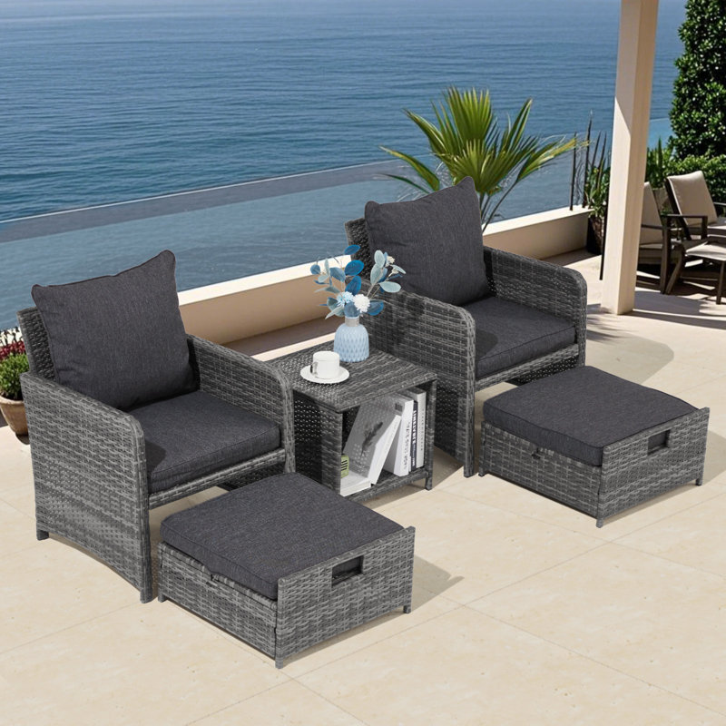 Ensemble de conversation pour patio 5 pièces avec repose-pieds en osier (rotin), Gris, Gris