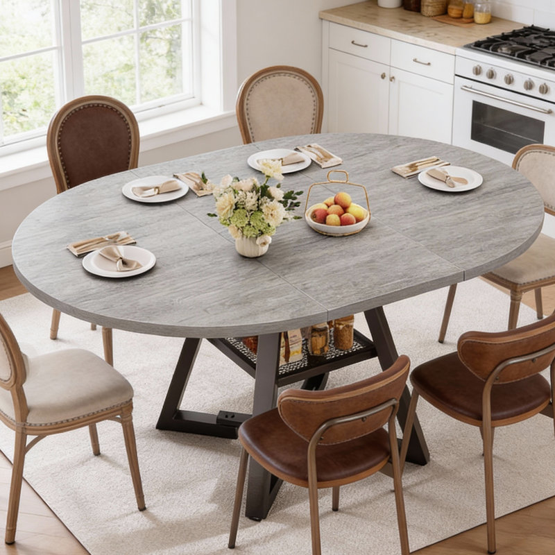 Table de salle à manger extensible de 47 à 61 po pour 4 à 8 personnes, table de cuisine industrielle ronde ou ovale avec tablette de rangement cachée, base piédestal compacte pour petit appartement et salon