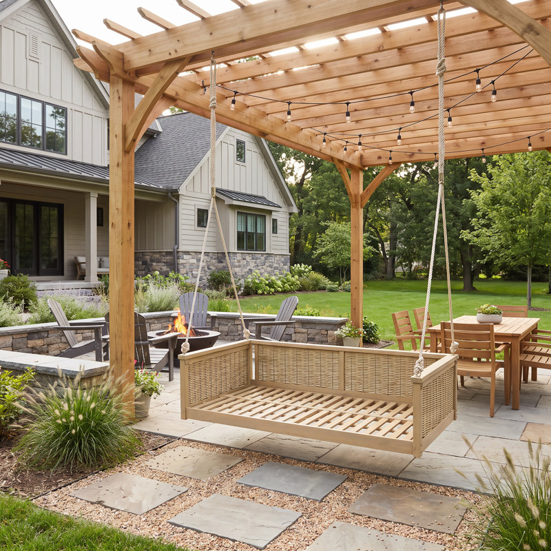 Balancelle de véranda simple en bois naturel, structure de balançoire suspendue en bois massif et en rotin avec de longues cordes pour le jardin, la piscine et la cour arrière （N'inclut pas les coussins de siège ou les coussins décoratifs）