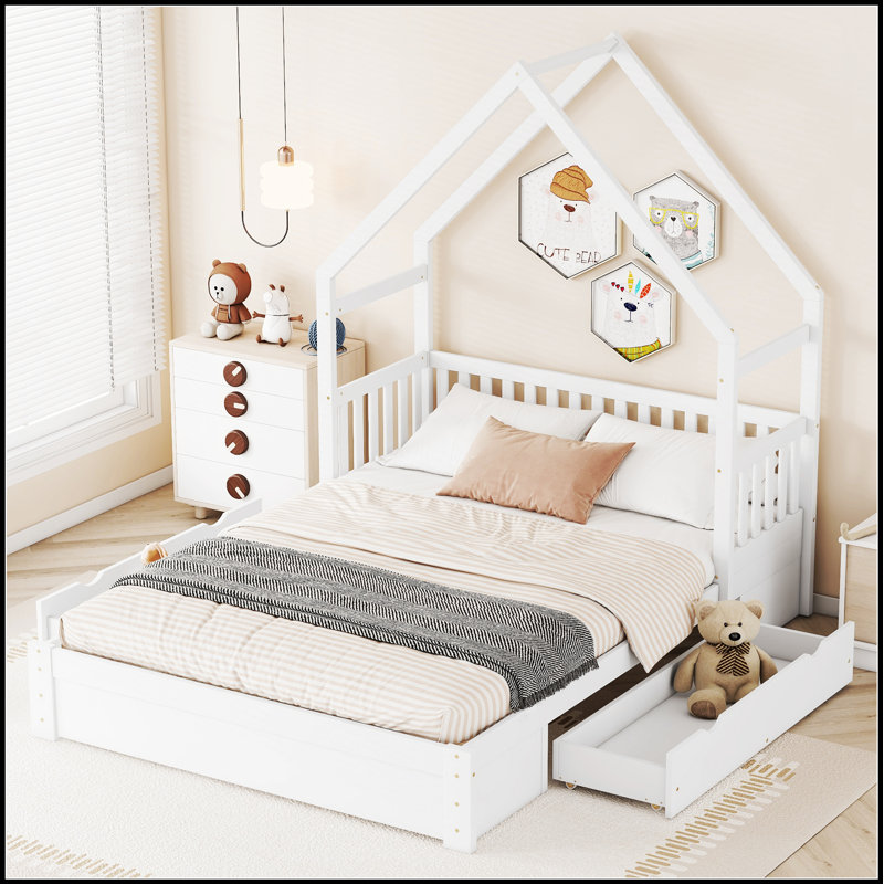 Lit plateforme Wood House avec garde-corps, 2 tiroirs spacieux et charme rustique pour un sommeil sécuritaire et élégant