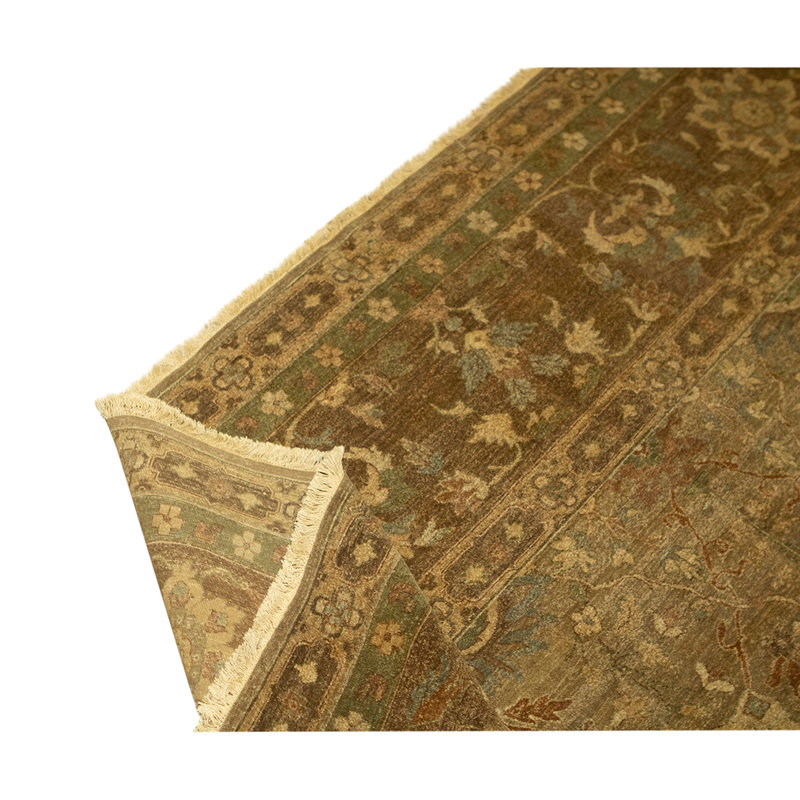 Tapis olive / brun / beige en laine noué à la main de conception unique 13 pi 9 po x 17 pi 11 po