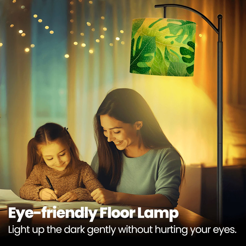 Arc Floor Lamp with Adjustable Lampshade Vintage Tropical Leafy Botanical Monstera Deliciosa Ensete Ventricosum Standing Lamp 3 Color Temperatures Dimmable Tall Pole Lamp with Foot Switch for Bedroom
