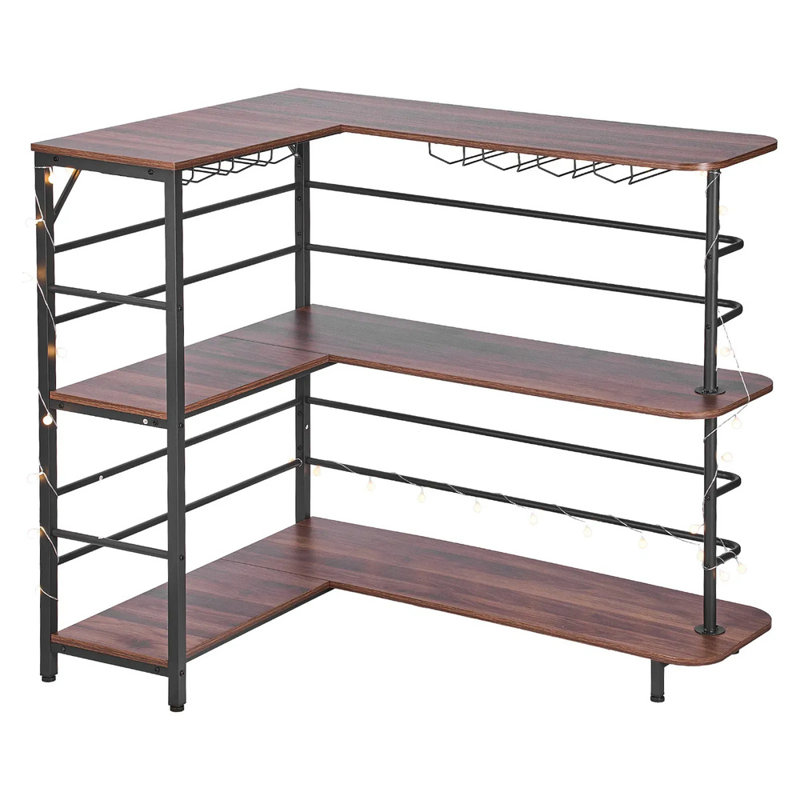 L-shaped Home Bar Unit, 3-tier Wine Bar Cabinet Table With Storage Shelves & Adjustable Foot Pads, Led Light, Walnut Finish & Metal Frame Liquor Cabinet For Home Kitchen Living Room Pub Basement