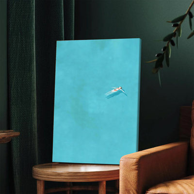 1PC Wall Arts Posters Framed, Minimalist Aerial View Canvas Wall Art of a Swimmer in Turquoise Water, Modern Abstract Home Decor for Living Room Bedroom Bathroom, Serene Contemporary Print with Red White Swimsuit Figure