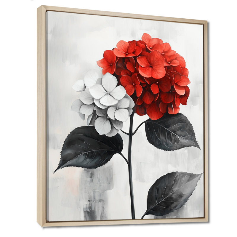 Hortensias monochromes avec décor de pétales rouges I - hydrangées, décoration murale, Impression encadrée flottante
