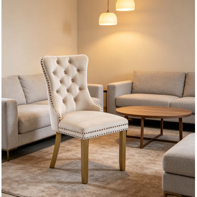 Set Of 2 Mid-century Modern Velvet Dining Chairs With Lion Head Pull Ring, Tufted Upholstery, And Gold Finished Rubberwood Legs - Beige