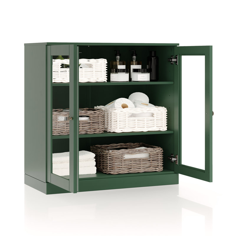 100% Solid Wood 32" Bathroom Cabinet with Clear Glass Doors and Adjustable Shelves, Green