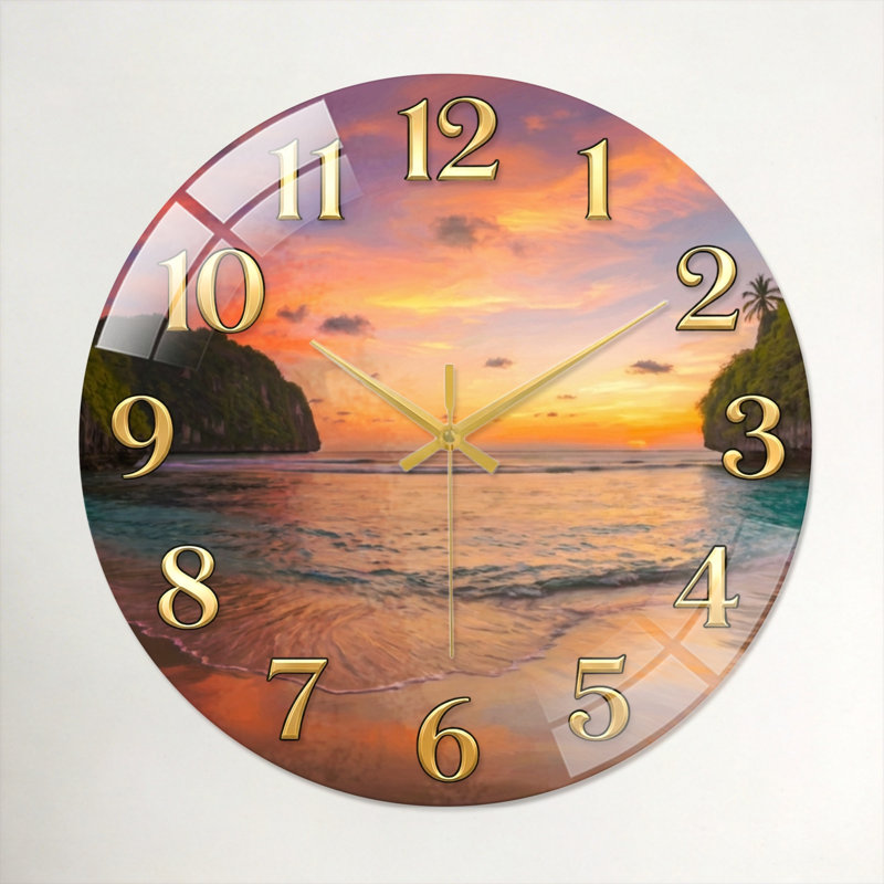 Horloge murale décorative moderne en verre Sunset Beach, 40 x 40 cm (15,7 x 15,7 pouces)